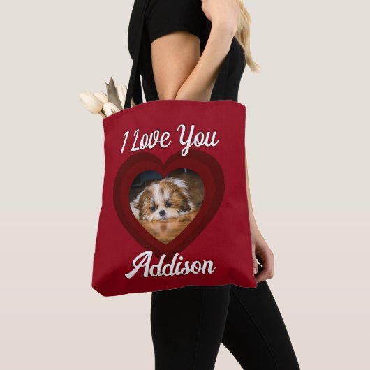 Valentijn hart hond liefde Custom foto naam op roo Tote Bag (Dichtbij)