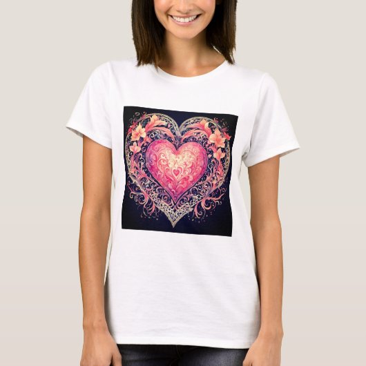 Valentijn Hart Roze Liefdesbloemen Ornamenten T-shirt (Voorkant)