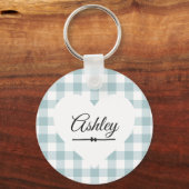 Valentijn Heart Blue Gingham Name Monogram Sleutelhanger (Voorkant)