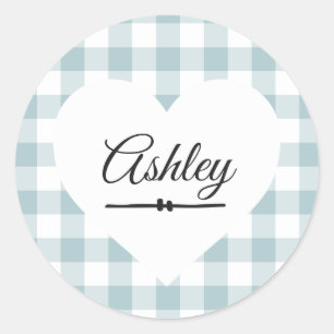 Valentijn Heart Blue Gingham Pattern Name Monogram Ronde Sticker