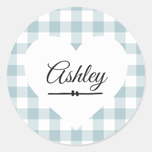 Valentijn Heart Blue Gingham Pattern Name Monogram Ronde Sticker (Voorkant)