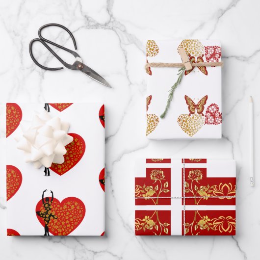 Valentijn Heart Butterfly Floral Gold Art Inpakpapier Vel (Voorkant)