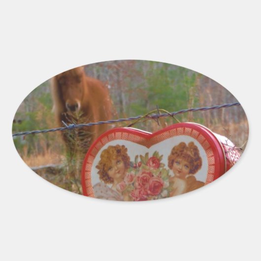 Valentijn Heart Miniatuur brown Horse Ovale Sticker (Voorkant)