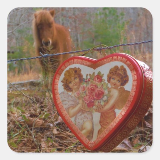 Valentijn Heart Miniatuur brown Horse Vierkante Sticker (Voorkant)