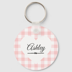 Valentijn Heart Pink Gingham Name Monogram Sleutelhanger