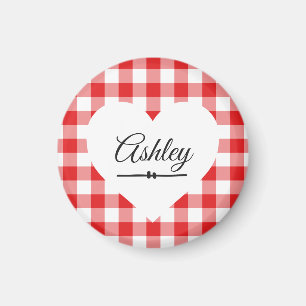 Valentijn Heart Red Gingham Name Monogram Magneet