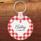 Valentijn Heart Red Gingham Name Monogram Sleutelhanger (Voorkant)
