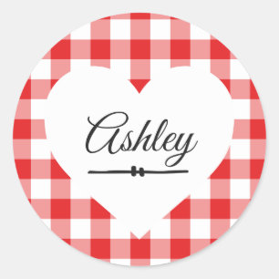 Valentijn Heart Red Gingham Pattern Name Monogram Ronde Sticker