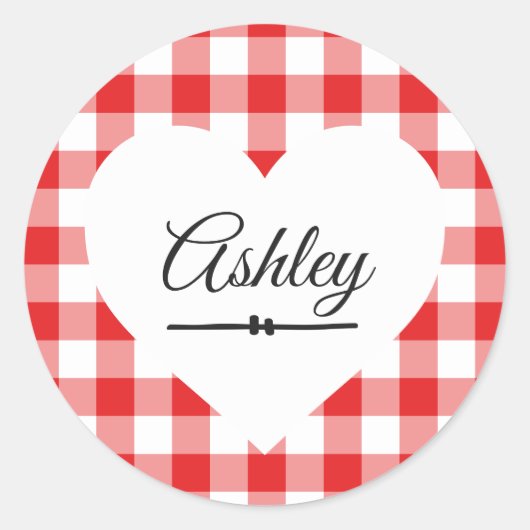 Valentijn Heart Red Gingham Pattern Name Monogram Ronde Sticker (Voorkant)