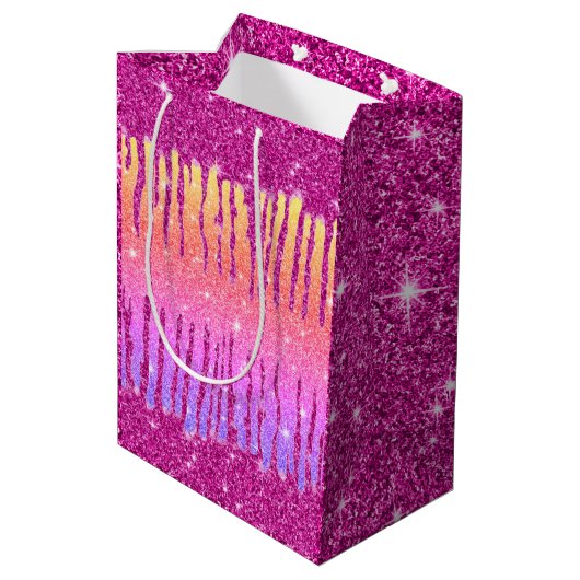 Valentijn Hot Pink Glitter Two Tone Medium Cadeauzakje (Achterkant Gekanteld)