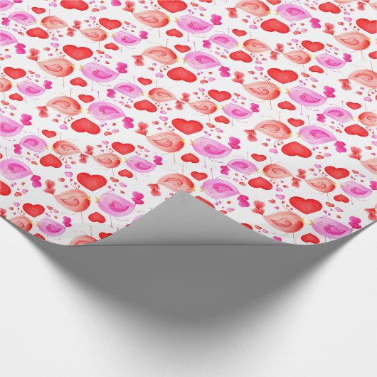 Valentijn houdt van vogels en hart roze rode cadea cadeaupapier (Hoek)