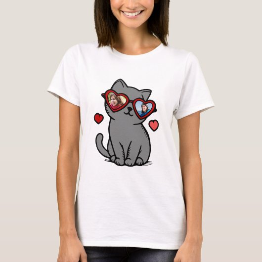 Valentijn Kat Hart Gevormde Glazen Aangepaste Foto T-shirt (Voorkant)