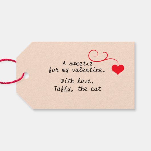 Valentijn Kat met snoepjes en bakkerijroze en rood Cadeaulabel (Achterkant Horizontaal)