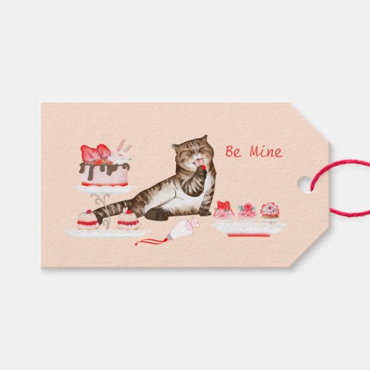Valentijn Kat met snoepjes en bakkerijroze en rood Cadeaulabel (Voorkant (Horizontaal))