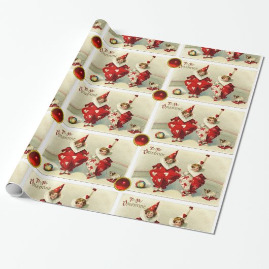 VALENTIJN KINDERCLOWNEN MET RODE RUBY GEMSTONES CADEAUPAPIER (Uitgerold)