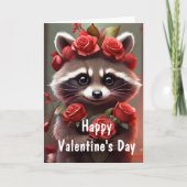 Valentijn Love Fun Raccoon Kusjes en rozen Feestdagen Kaart (Voorkant)