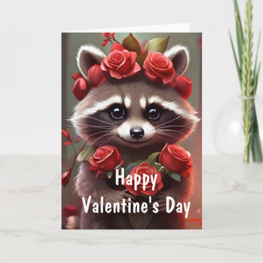 Valentijn Love Fun Raccoon Kusjes en rozen Feestdagen Kaart (Voorkant)