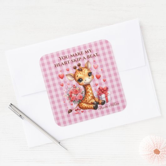 Valentijn Love Rose Boeket Giraffe Vierkante Sticker (Envelop)