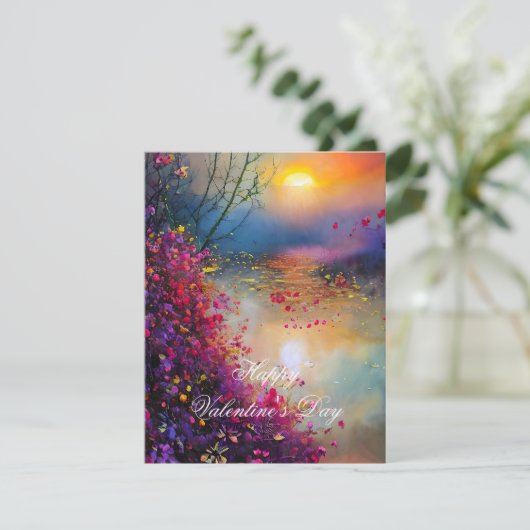 Valentijn met kleurrijke florale zonsondergang feestdagenkaart (Staand voorkant)