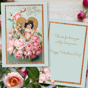  Valentijn met roze rozen en goudhartslag Kaart