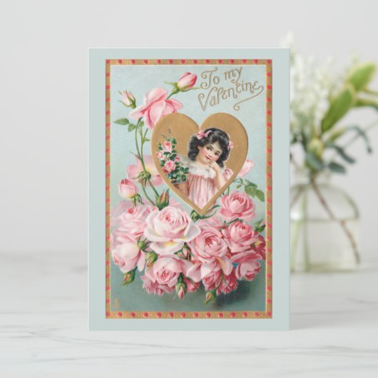 Valentijn met roze rozen en goudhartslag Kaart (Staand voorkant)