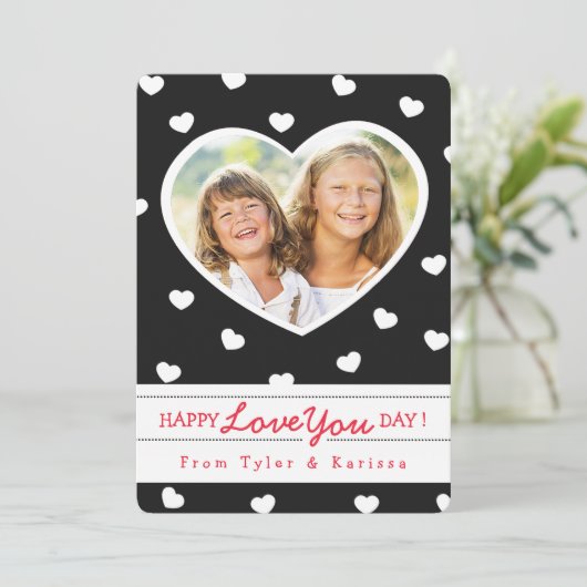 Valentijn met zwarte & witte zoete harten Fotokaar Feestdagenkaart (Staand voorkant)