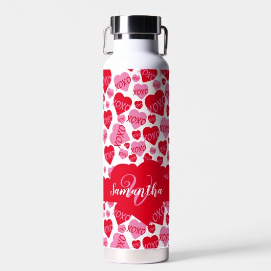 Valentijn Monogram Roze Rood Hart XOXO Wit Waterfles (Voorkant)