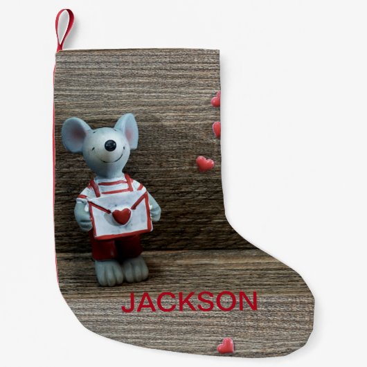 Valentijn Muis en hart op landelijk hout Kleine Kerstsok (Voorkant)