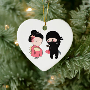 Valentijn Ninja en Geisha Keramisch Ornament