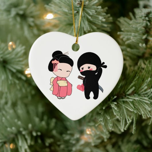 Valentijn Ninja en Geisha Keramisch Ornament (Boom)