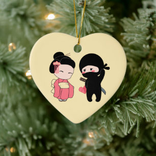 Valentijn Ninja en Geisha op Geel Keramisch Ornament