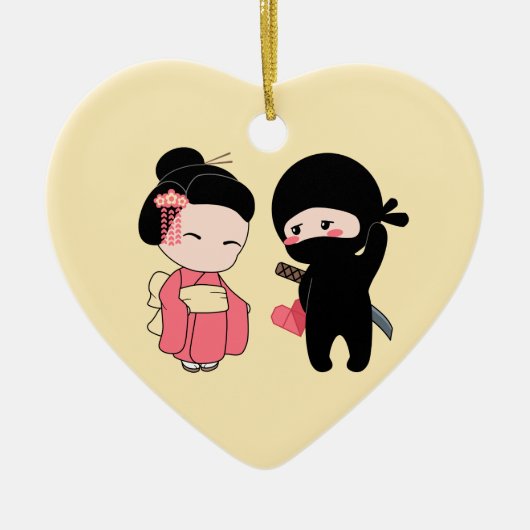 Valentijn Ninja en Geisha op Geel Keramisch Ornament (Voorkant)