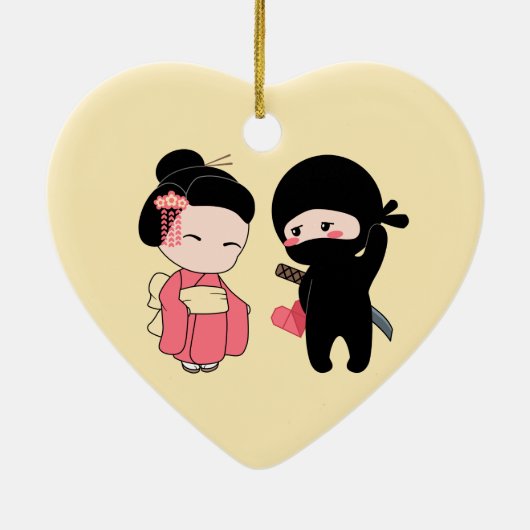 Valentijn Ninja en Geisha op Geel Keramisch Ornament (Achterkant)