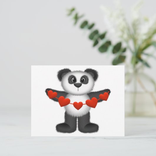 Valentijn Panda Beer Holding String of Red Hearts Feestdagenkaart (Staand voorkant)