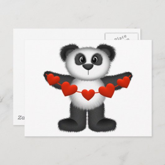 Valentijn Panda Beer Holding String of Red Hearts Feestdagenkaart (Voorkant / Achterkant)