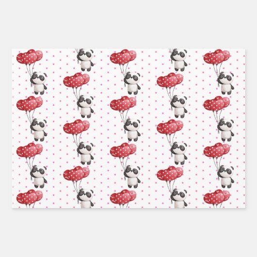 Valentijn Panda-Beren en -harten 3 Ontwerpset Inpakpapier Vel (Voorkant)