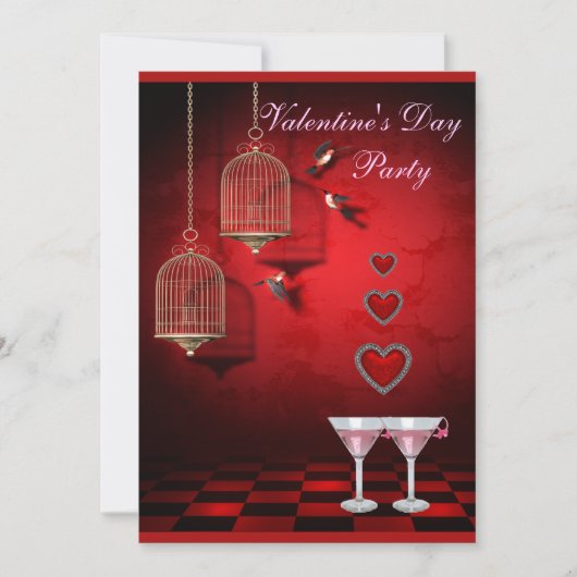Valentijn Party Birds Cages, Hearts & Pink Martini Kaart (Voorkant)