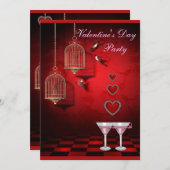 Valentijn Party Birds Cages, Hearts & Pink Martini Kaart (Voorkant / Achterkant)