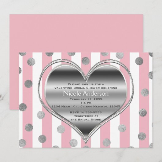 Valentijn Party Silver Heart Pink & White Stripes Kaart (Voorkant / Achterkant)
