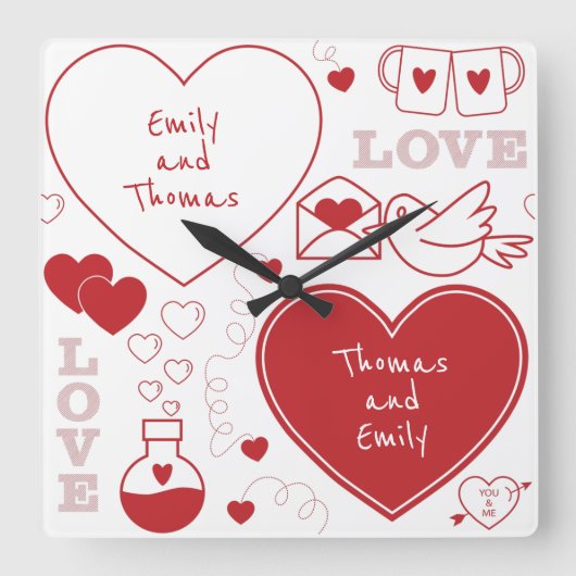 Valentijn Patroonwandklok - Rood op wit Vierkante Klok (Voorkant)