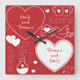 Valentijn Patroonwandklok - Wit op rood Vierkante Klok