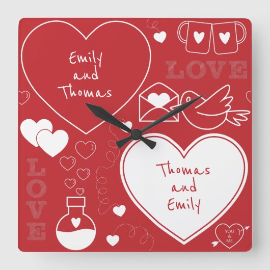 Valentijn Patroonwandklok - Wit op rood Vierkante Klok (Voorkant)