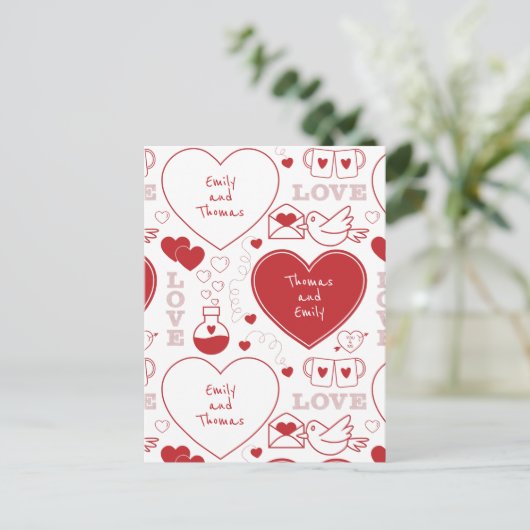 Valentijn Pattern Briefkaart - Rood op Wit (Staand voorkant)