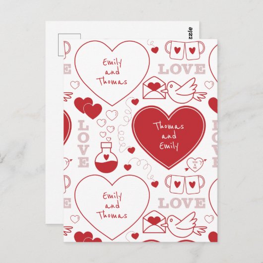 Valentijn Pattern Briefkaart - Rood op Wit (Voorkant / Achterkant)