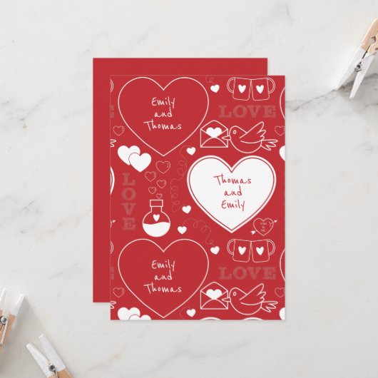 Valentijn Pattern Flat Wenskaart - Wit op Rood Kaart (Voorkant / Achterkant in situ)