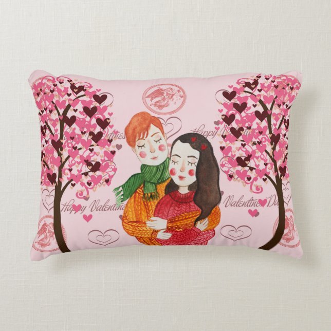 Valentijn Pillow met Cute Couple en Heart Trees Accent Kussen (Voorkant)