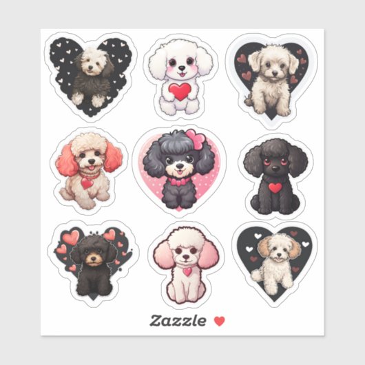 Valentijn Poodle Dog set van 9 stickers (Vel)
