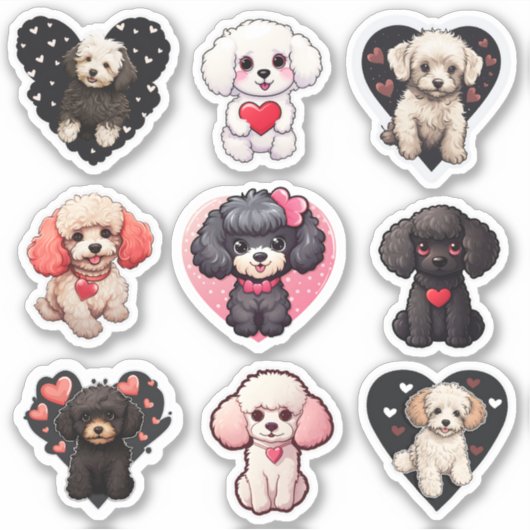 Valentijn Poodle Dog set van 9 stickers (Voorkant)
