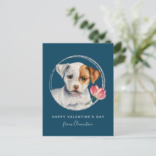 Valentijn Puppy Holiding Flower Briefkaart (Staand voorkant)