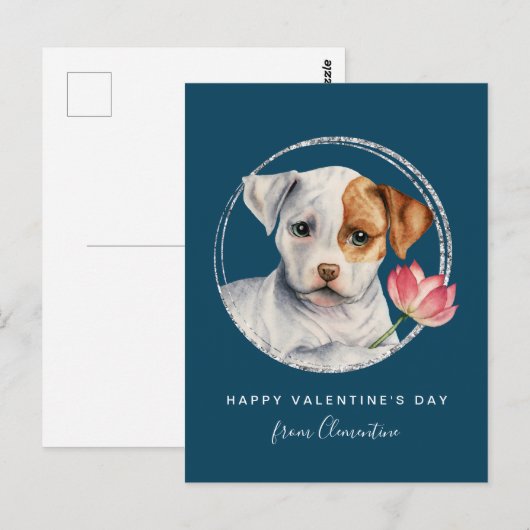 Valentijn Puppy Holiding Flower Briefkaart (Voorkant / Achterkant)
